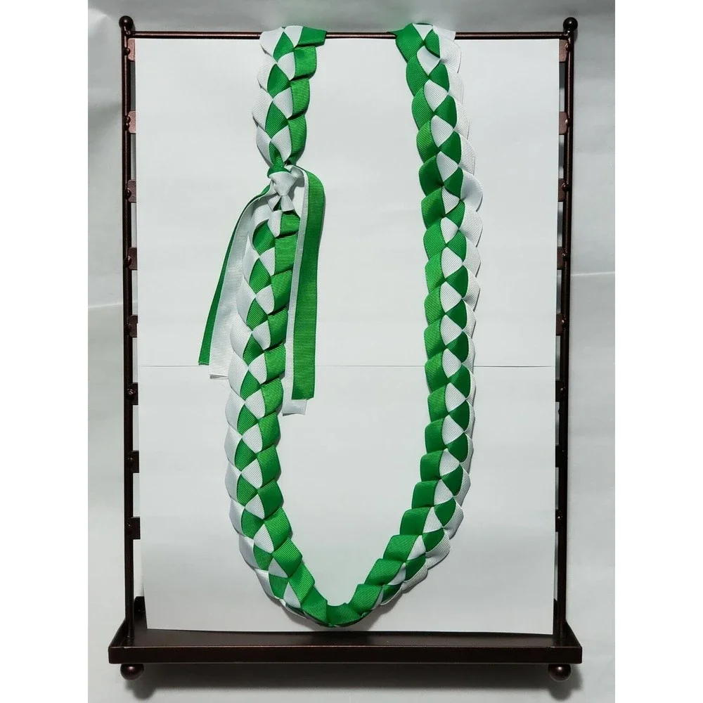 Hawaiian Graduation Lei 2-Ribbon Handmade Green & White Customize (Choose Color) - Picture 2 of 4